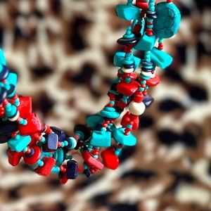Beaded Multi-strand Boho Necklace. Red and Turquoise.